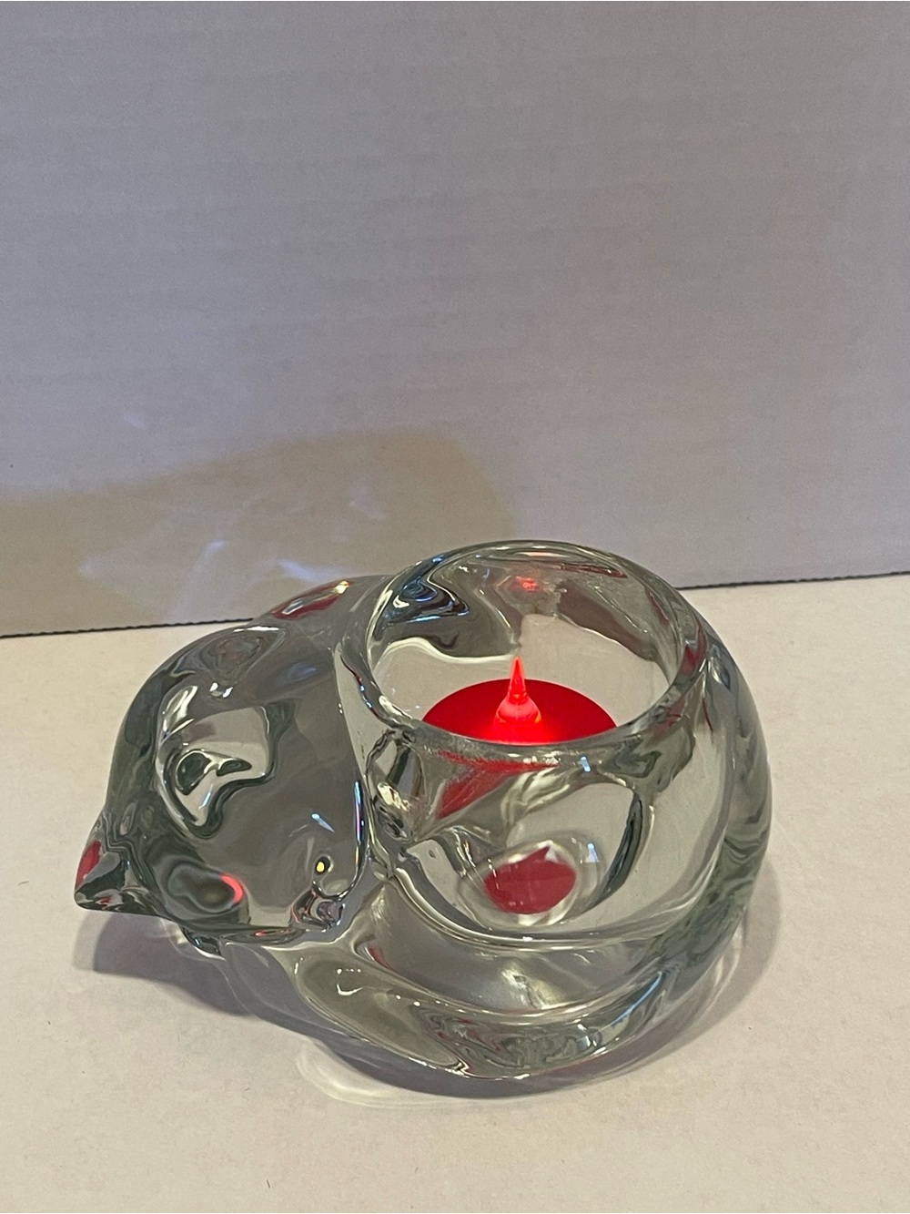 Clear Glass Cat Tealight Holder with Red Accent